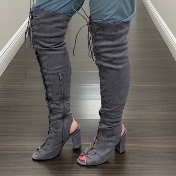 GRAY FAUX SUEDE LACE UP OVER THE KNEE BOOTS - Picture 2 of 9